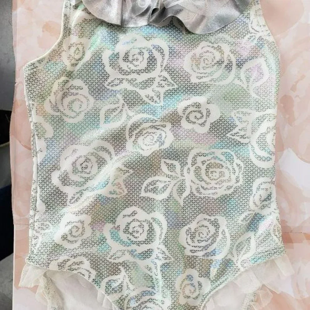 Flapdoodles Girl’s Size‎ 5 Floral metallic silver one piece Swimsuit